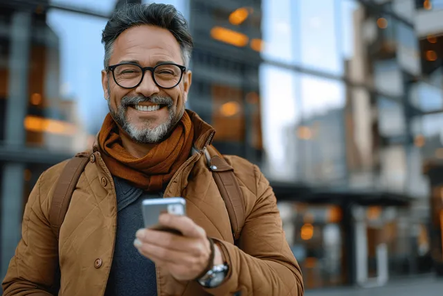 Smiling businessman in glasses texts on a smartphone outside a modern office building with city background behind him.