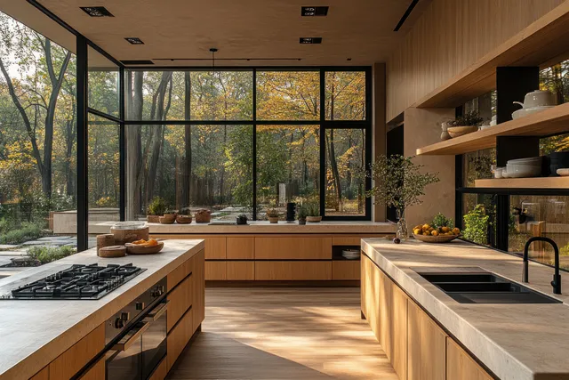 Minimalist kitchen interior with wooden cabinetry, stainless cooktop, and large window views over the countertops.