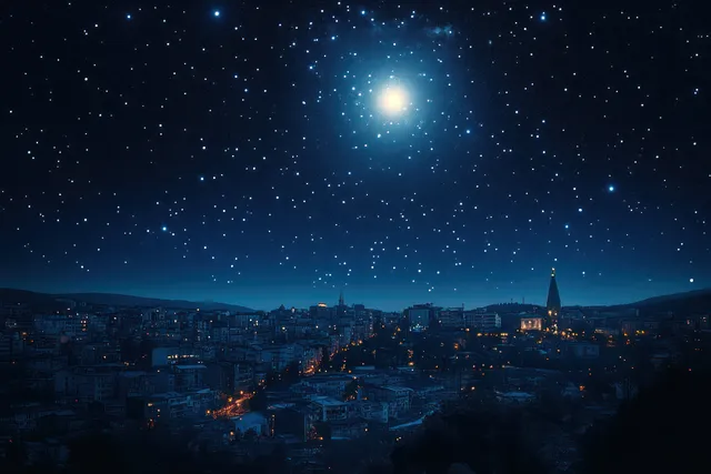 A moonlit skyline of buildings with glowing Christmas lights, snowy rooftops, and a starry blue sky above.
