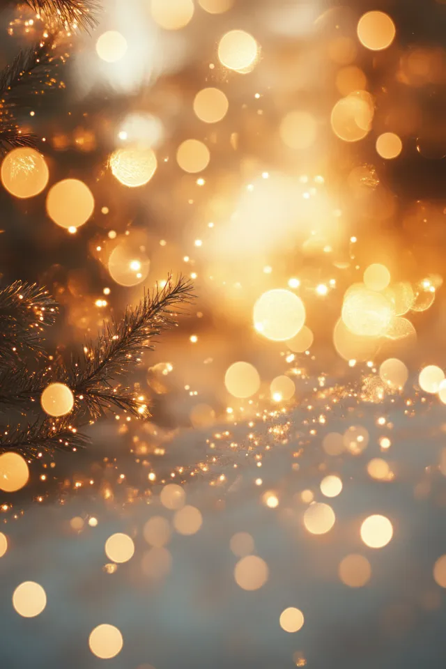 Warm golden bokeh lights glow with soft mist and scattered sparkles on festive background