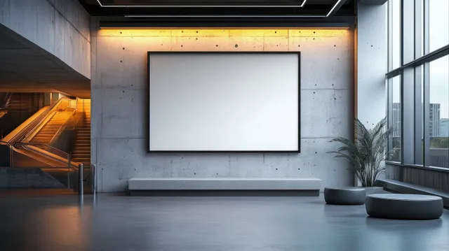 Large blank canvas hangs on a concrete gallery wall with soft overhead spotlights and minimal benches.