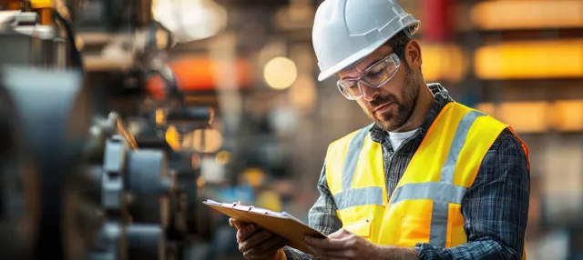 An industrial worker in a safety helmet inspects a clipboard checklist beside factory machinery.