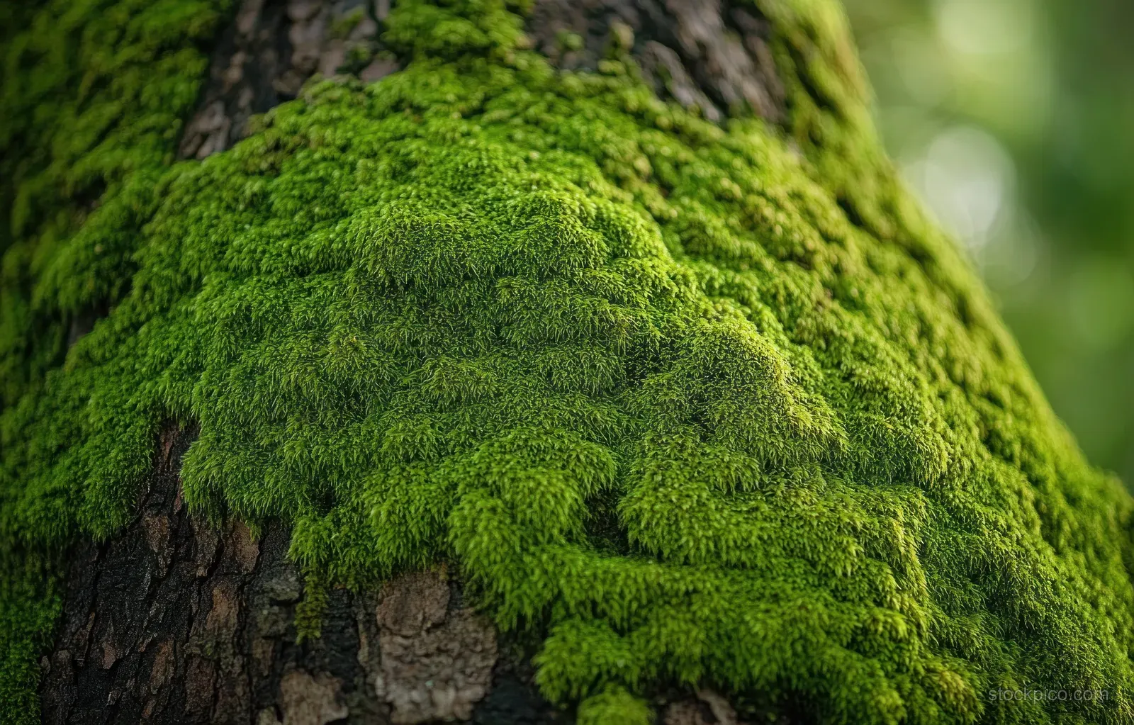 Dense green moss covers rough tree bark, with sunlit highlights showing texture and depth.