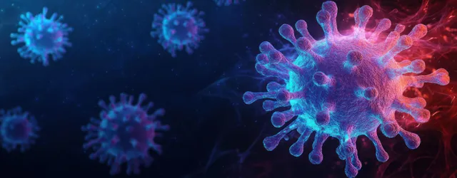 Neon virus particles float on a dark background with glowing blue and purple highlights.