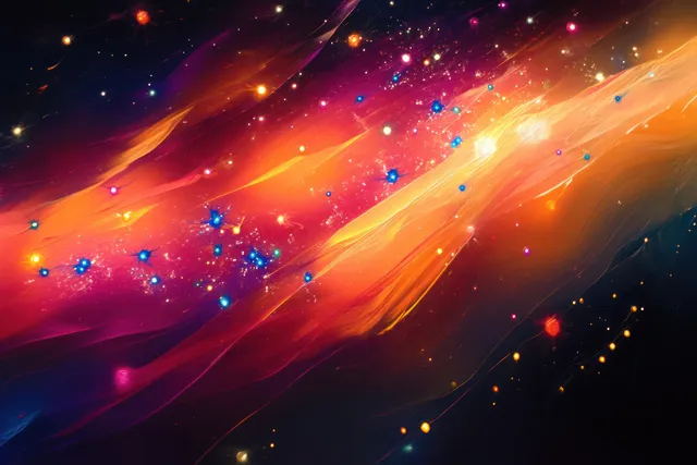 Diagonal orange, pink, and yellow light streaks drift across a dark cosmic background filled with multicolored star-like dots.