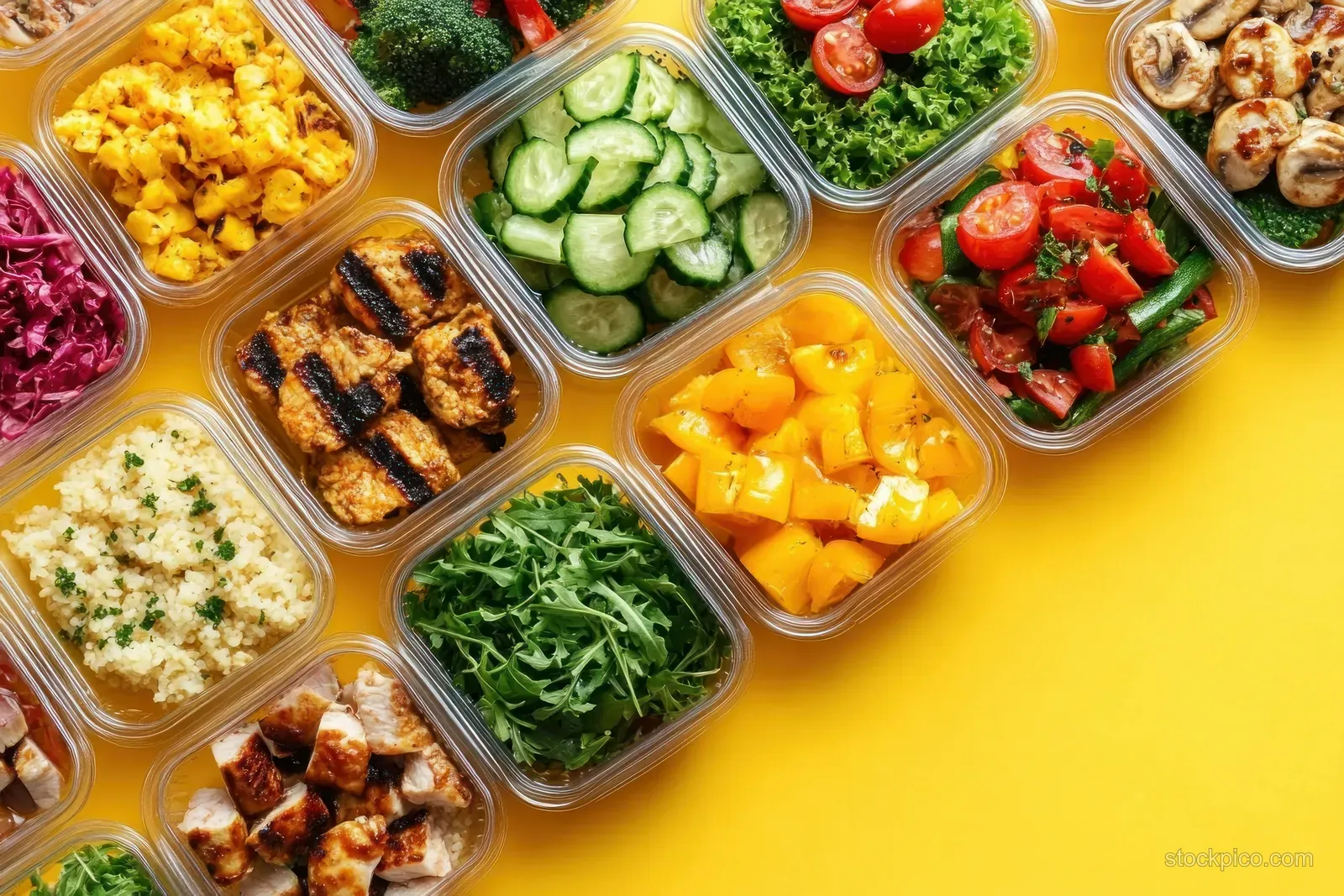 A top-down arrangement of meal prep containers filled with colorful salads, grilled vegetables, and protein on a yellow surface.