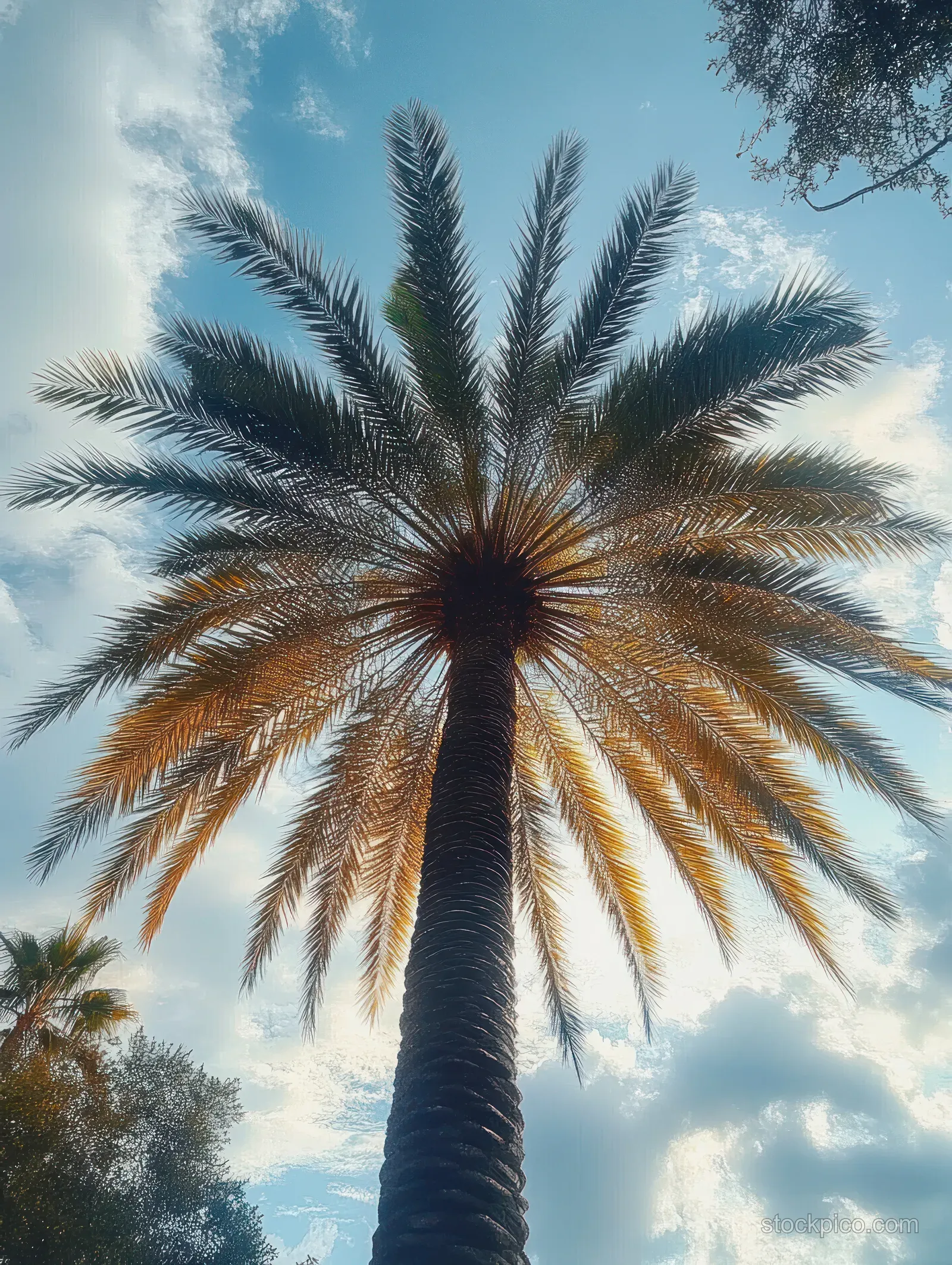 A tall palm tree with wide fronds stretches upward against a blue sky with scattered clouds.