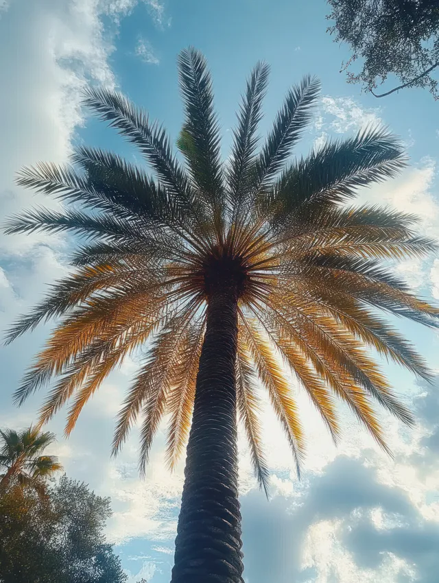 Palm tree towering upward with wide fronds against blue sky and scattered clouds