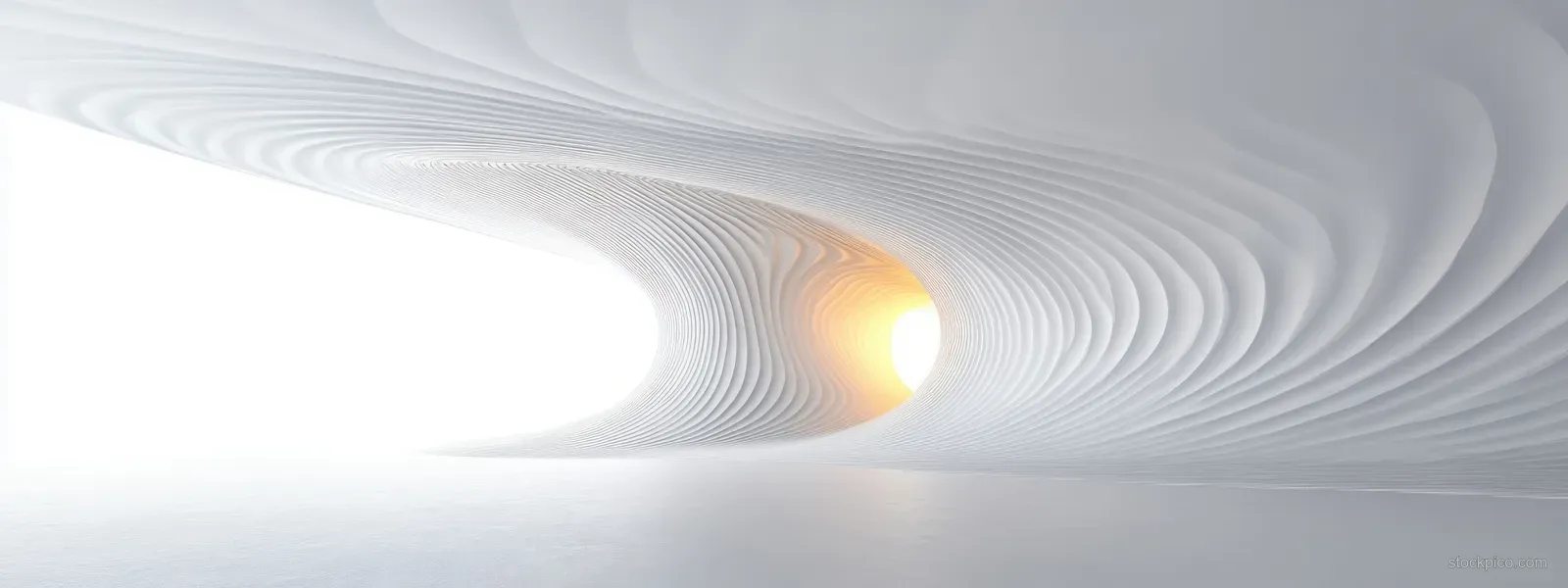 Curved white interior tunnel lit by soft light with a bright glowing spot at the vanishing point.