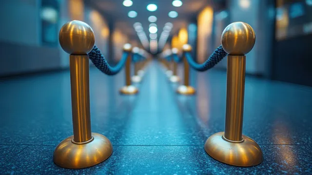 Golden stanchions topped with round finials connected by velvet ropes in a softly lit gallery corridor.
