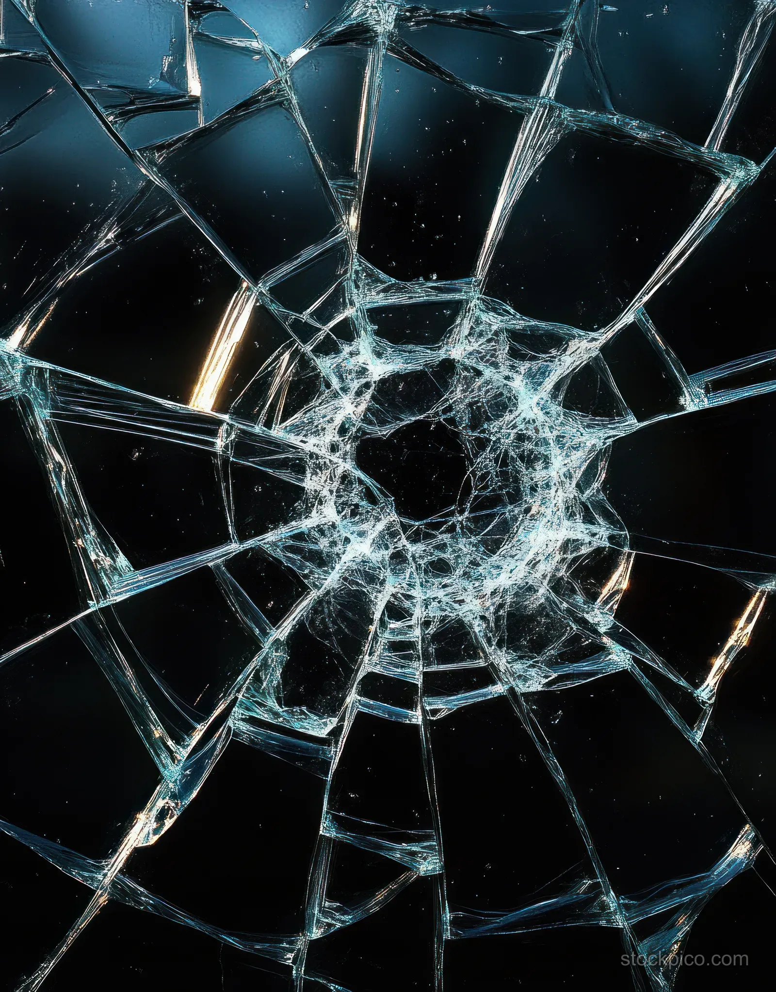 Shattered glass close-up with radiating cracks and glass fragments around a central impact point on a dark background.