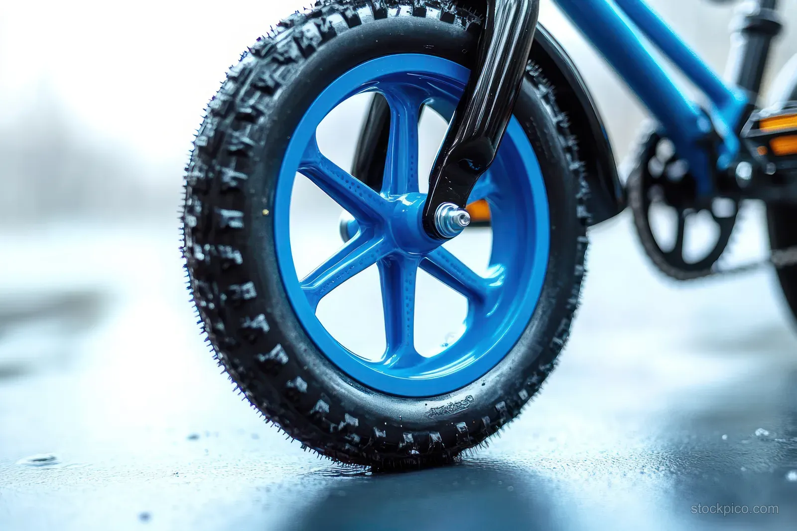 Close-up of a child’s bike wheel with a blue rim on wet pavement with blurred background.