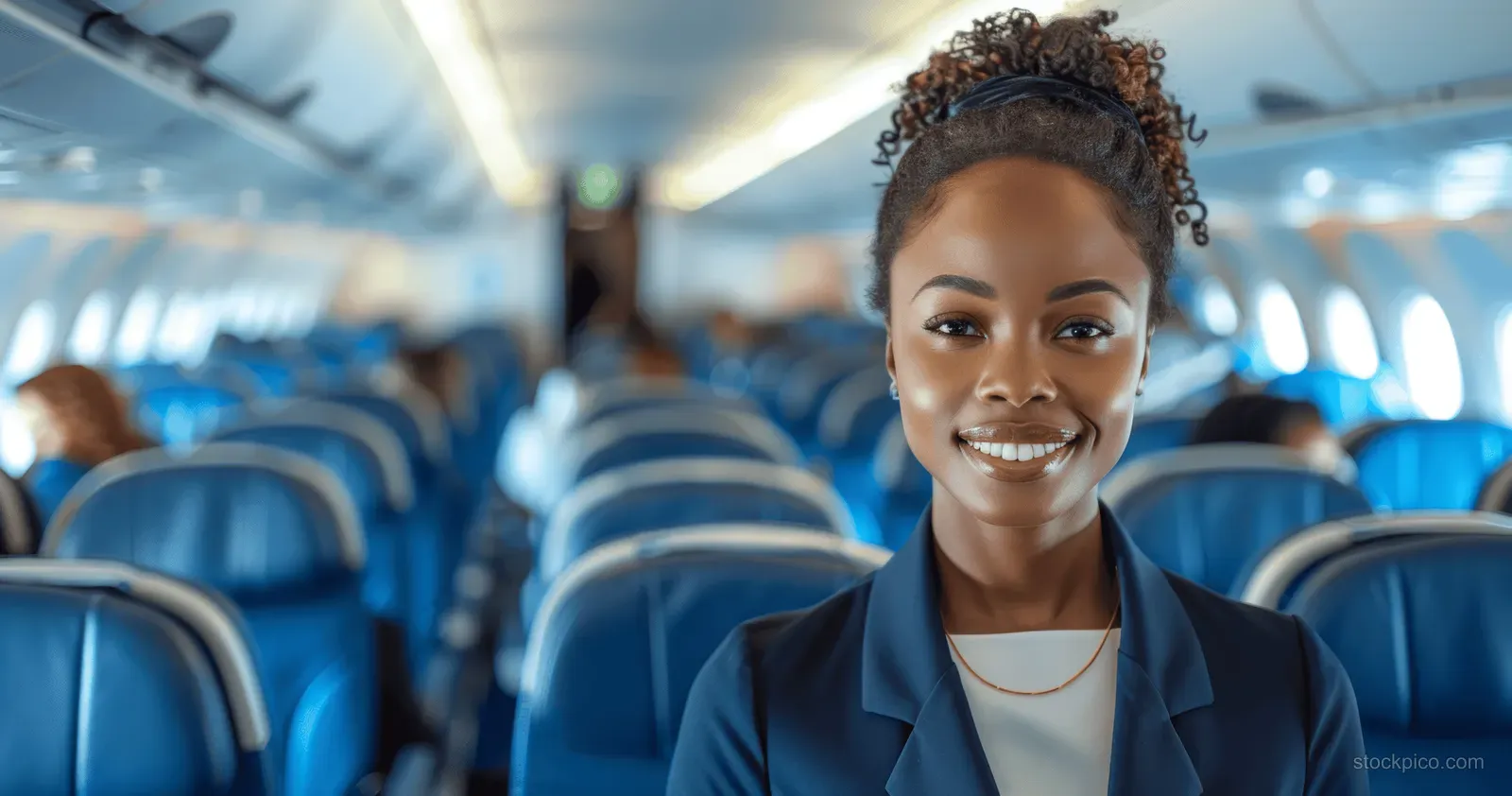Smiling flight attendant standing in an airplane cabin with blue seats and blurred passengers in the background.