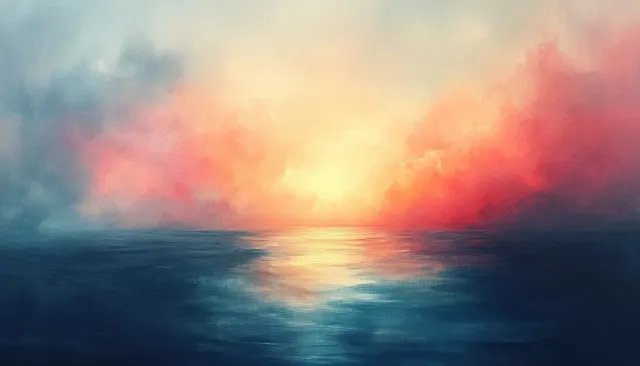 Sunrise over ocean with dreamy light leaks, film grain, and vintage distressed overlay