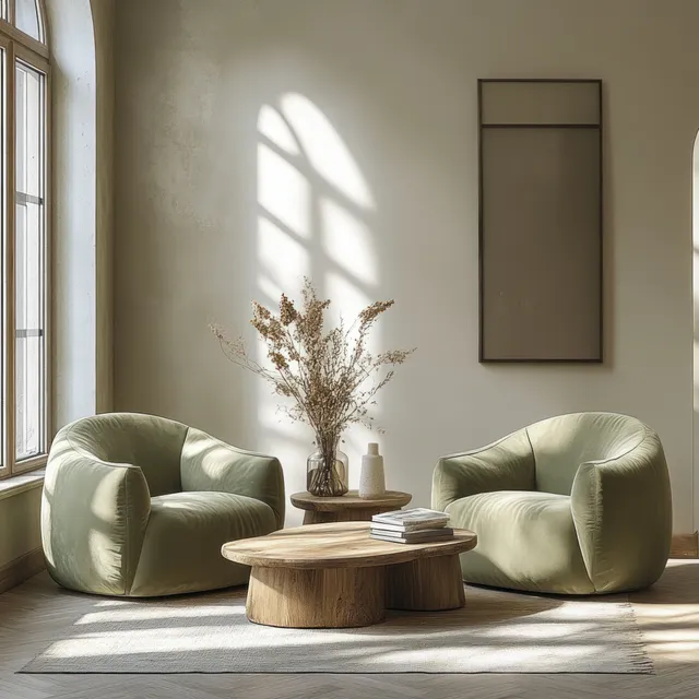 Scandinavian living room with green armchairs and round wooden coffee table in sunlit shadows
