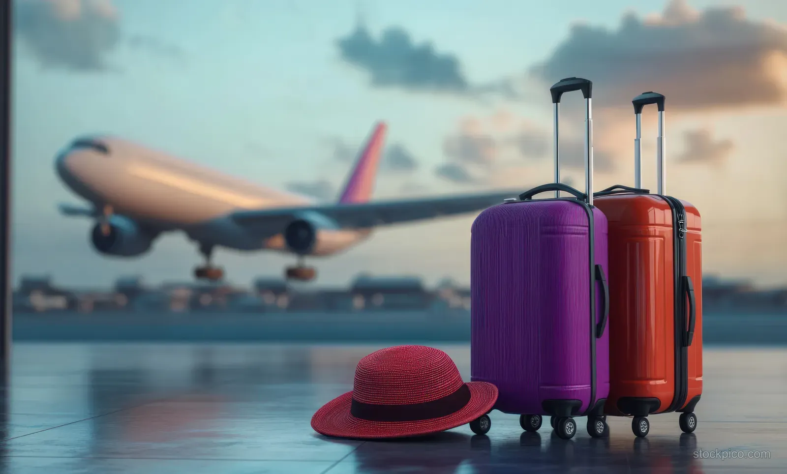 Purple and orange suitcases with a red hat rest on airport pavement as an airplane takes off behind them.