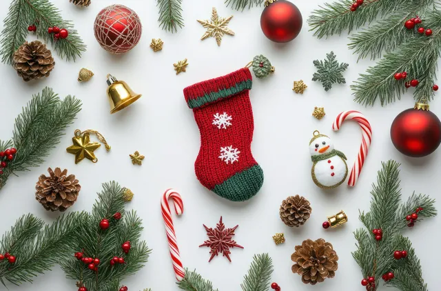 Knitted red Christmas stocking surrounded by pine cones, candy canes, red baubles, and a gold bell on white background.