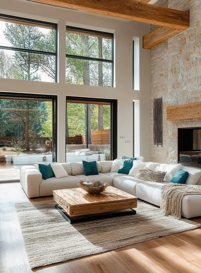 Bright modern minimalist living room with vaulted ceilings, large windows, rustic wood beams, and contemporary furniture.