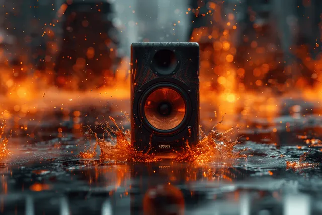 A glowing speaker stands on wet pavement, projecting orange sound waves through rainy dark city streets.