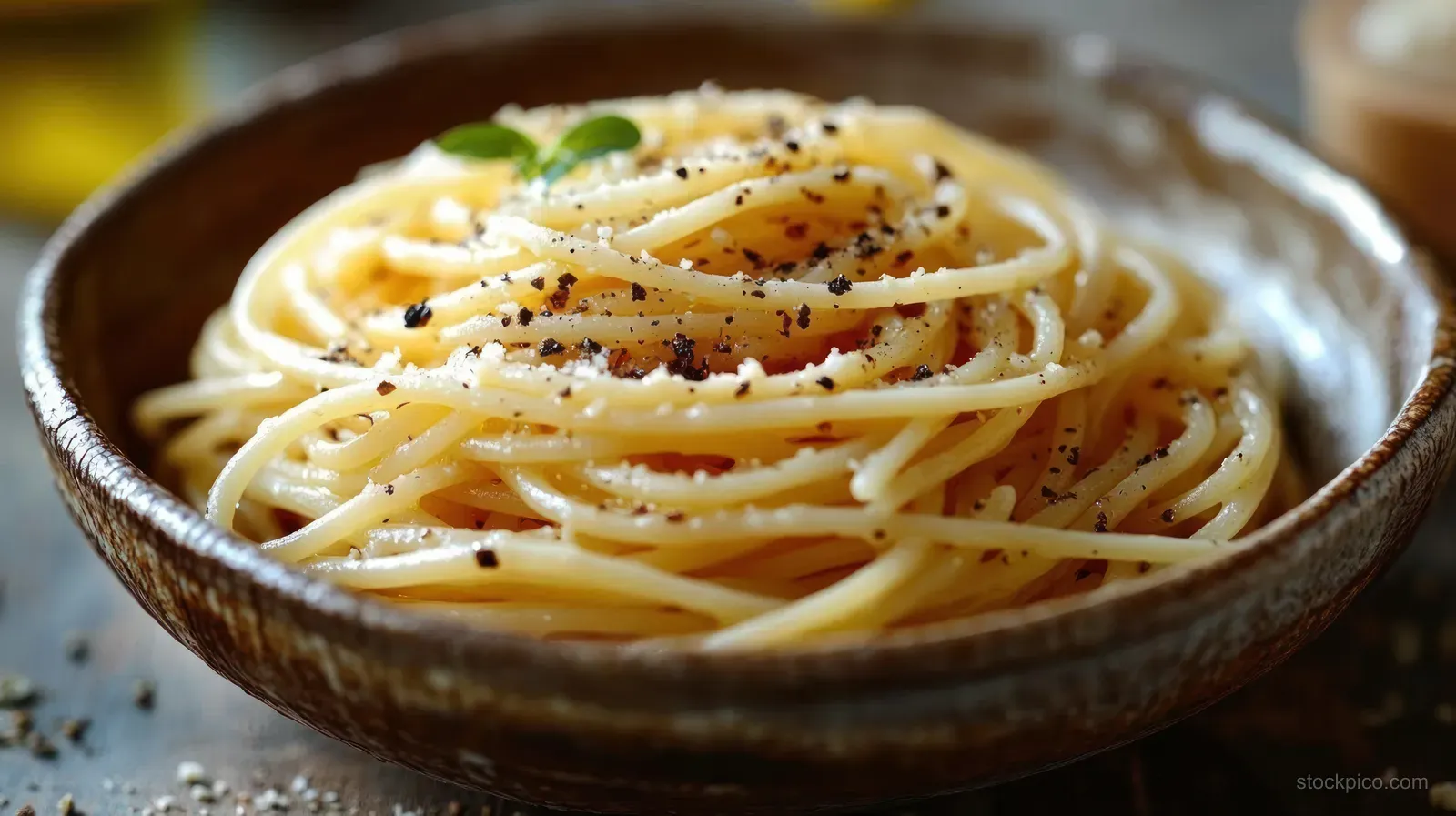 Spaghetti pasta in a rustic ceramic bowl topped with black pepper and a small green herb leaf.