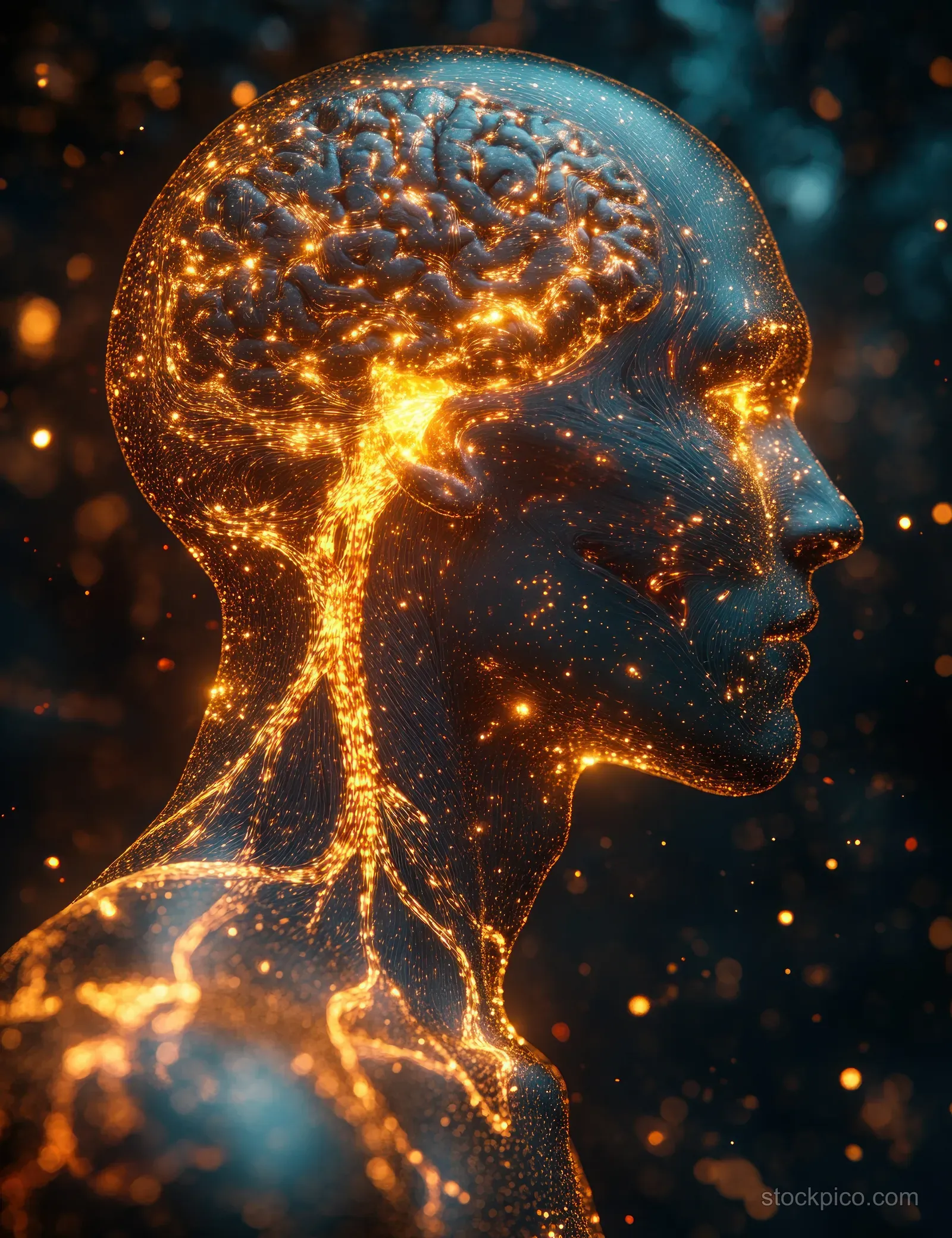 Side view of a glowing head silhouette with luminous brain and neural pathways against a dark, spark-filled background.