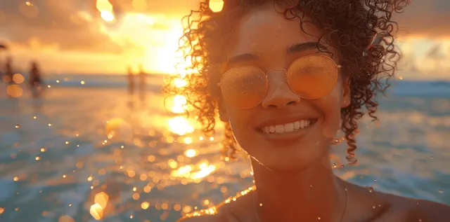 Smiling woman with curly hair and sunglasses dances on a sunset beach as raindrops glisten and the crowd blurs behind.