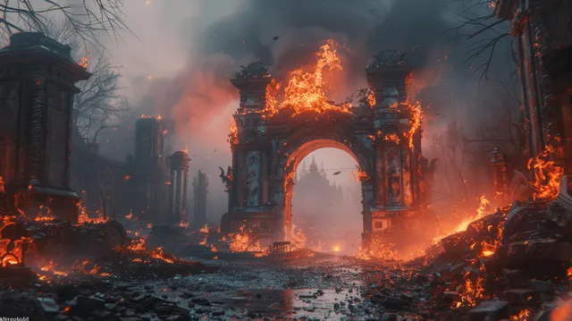 A burning stone arch gate stands in a ruined temple as flames and smoke fill the dark courtyard.