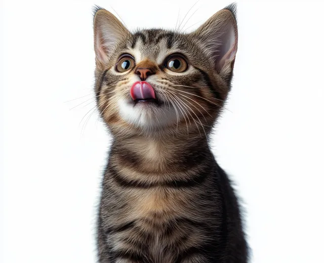 A tabby kitten sticks out its tongue and looks up with wide eyes against a plain white background.