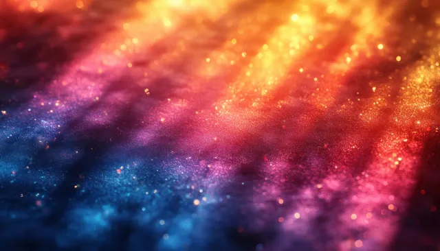 Rainbow light leaks and film grain swirl across a dark abstract backdrop