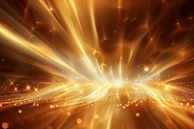 Golden light rays burst from center, abstract motion blur over warm brown glitter backdrop