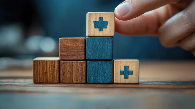 A hand arranges wooden blocks with medical cross symbols, symbolizing healthcare support and strategic planning.