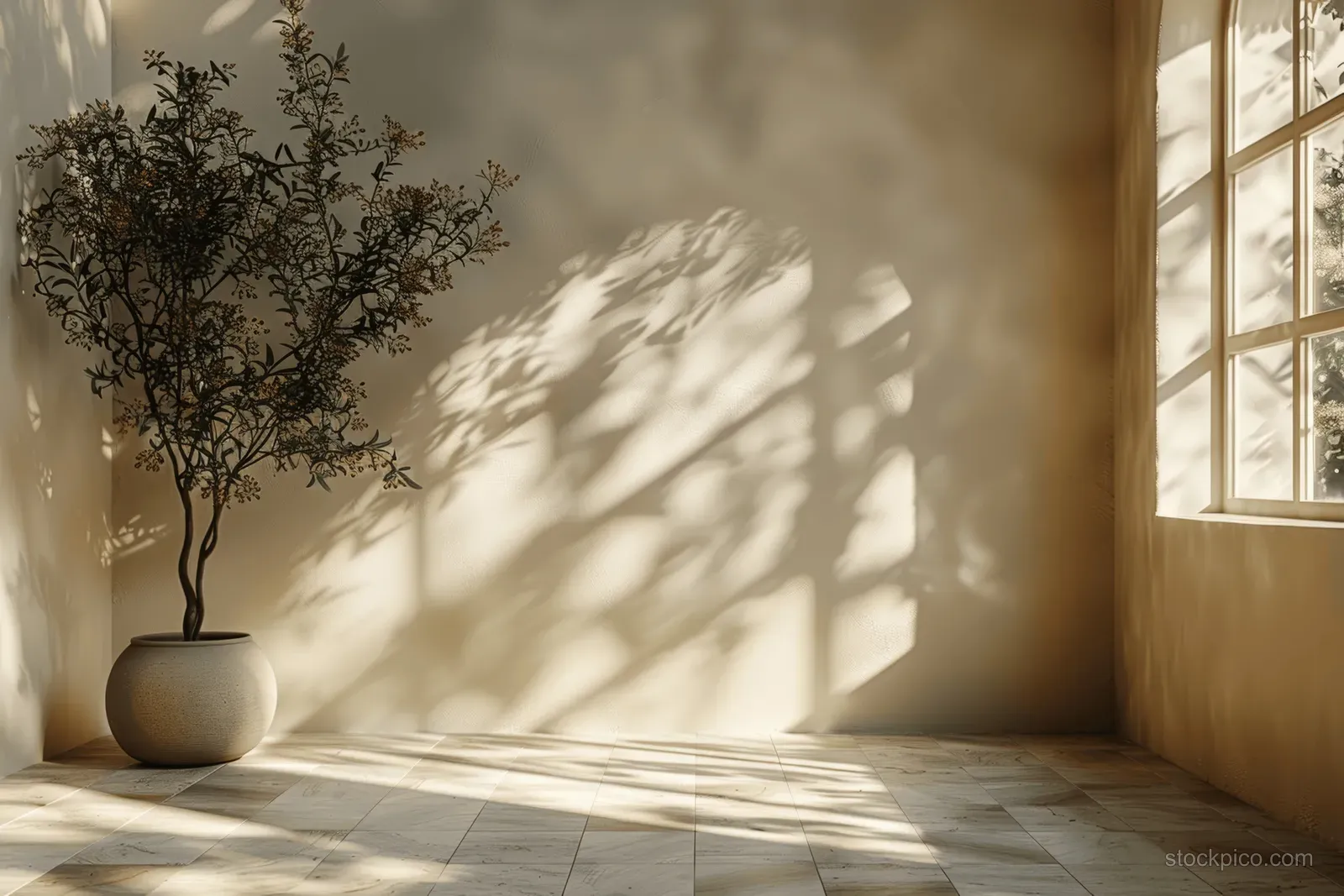 Sunlight streams through a window casting geometric shadows on a beige wall beside a potted plant.