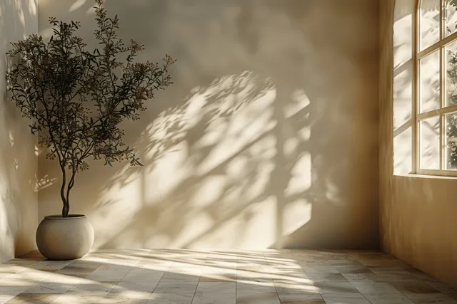 Sunlit minimalist interior corner with window shadows, beige wall, and potted plant