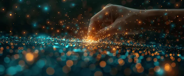 Global network data analytics with glowing nodes and hand-held predictive dashboard