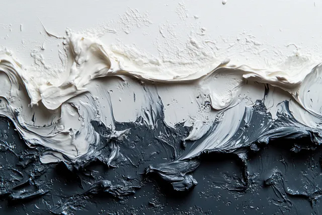 Wet gray cement mortar smeared across white plaster with rough ridges and small droplets.