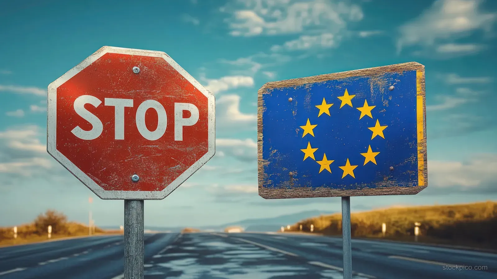 A weathered STOP sign and faded EU flag sign stand together on a rural road under partly cloudy blue sky.