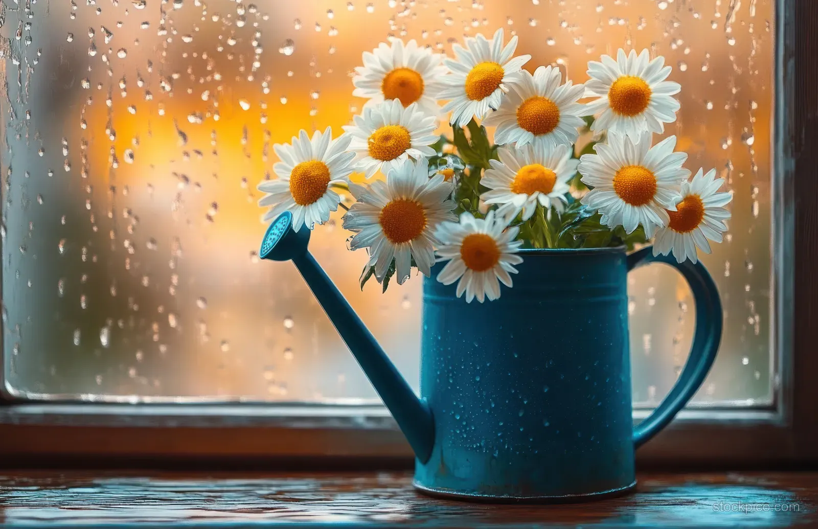 White daisy flowers with yellow centers in a blue watering can on a wet wooden windowsill, with raindrops on the window.