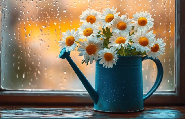 White daisy blossoms in a blue watering can on a rain-dappled wooden windowsill