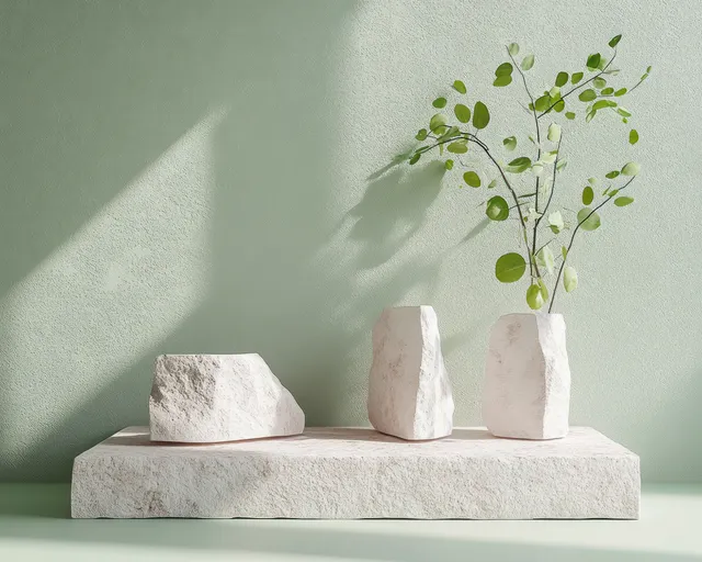 Pastel stone blocks and vases with green leaves sit on a platform against a softly lit pale background.
