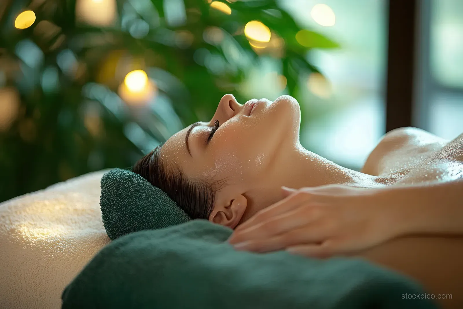 A woman relaxes during a spa neck massage with warm soft lighting and a therapist’s hands on her shoulder.