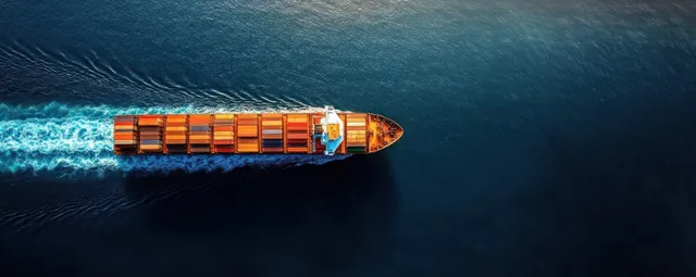 Orange container cargo ship moves across deep blue ocean, leaving a white foamy wake.