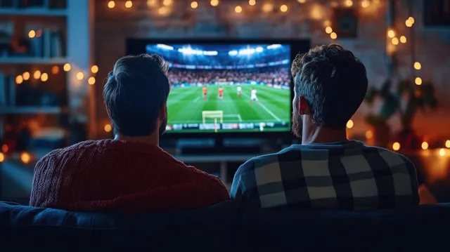 Two men lounge on a couch watching a soccer match on TV with warm string lights glowing behind them.