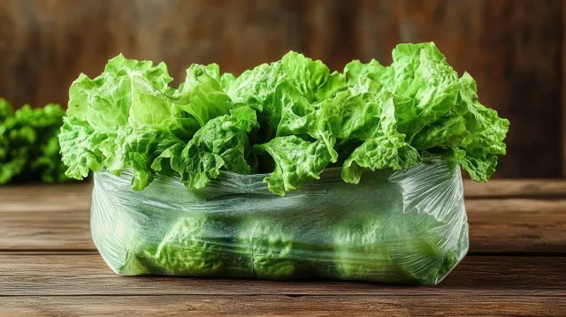 Fresh green lettuce leaves wrapped in a clear plastic bag on a wooden table with a blurred background.