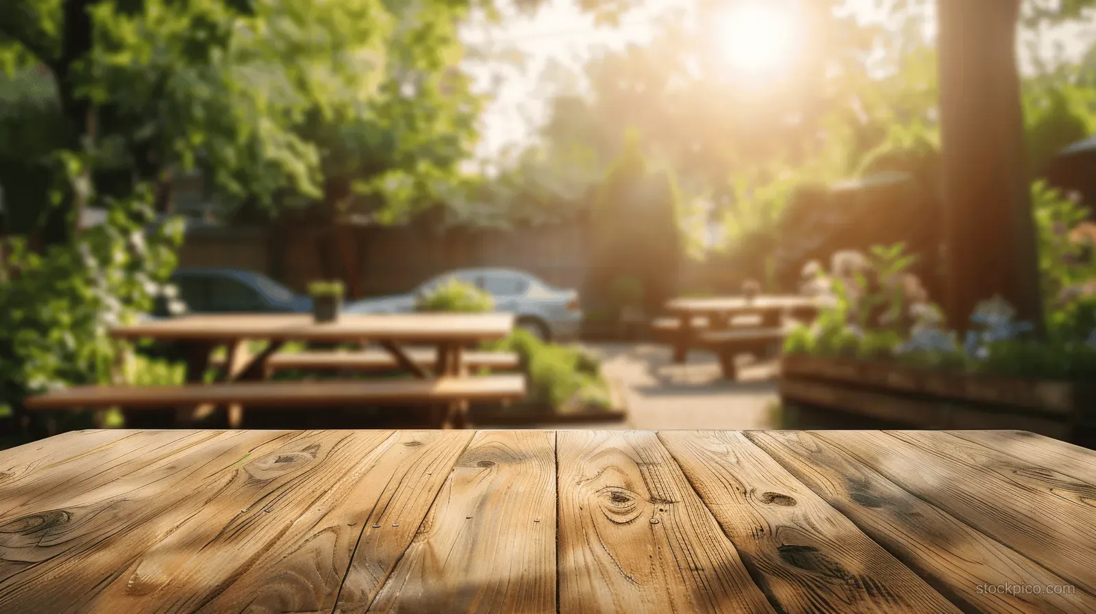 A wooden picnic table sits in a park garden with benches and sunlit trees in the background.