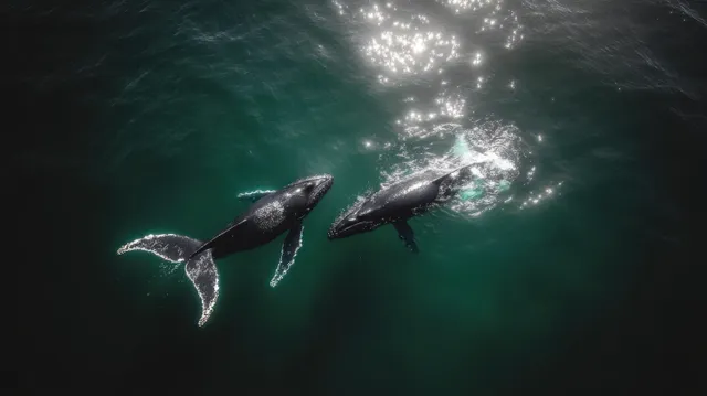 Two whales swim close together underwater while sunlight reflections glow above on the ocean surface.