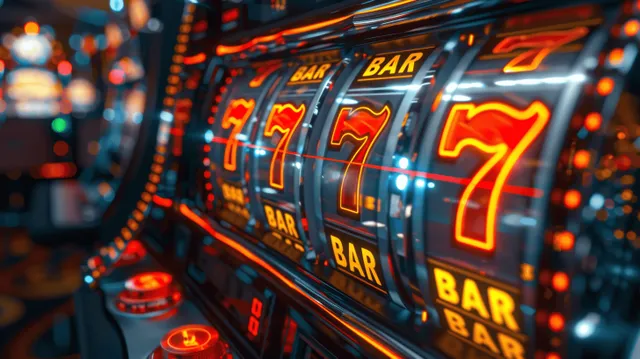 A neon-lit slot machine shows glowing 7 symbols on spinning reels in a casino.