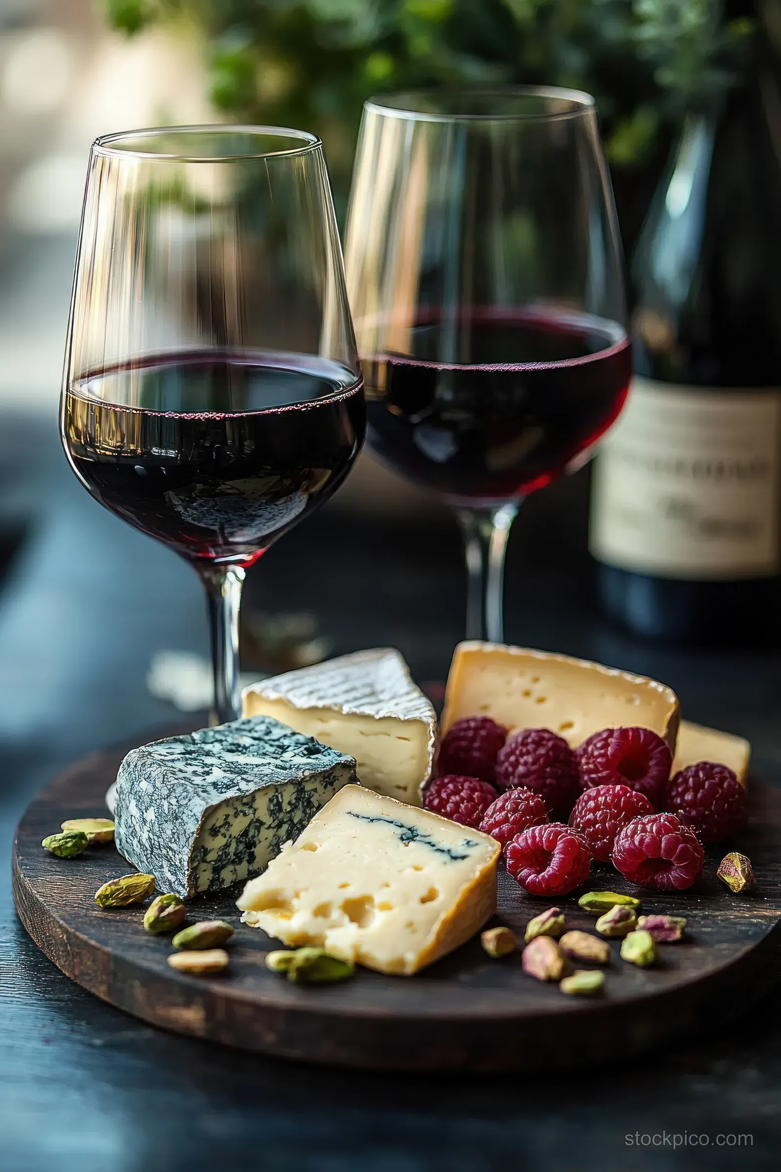 Two red wine glasses beside a rustic cheese board topped with raspberries and pistachios.
