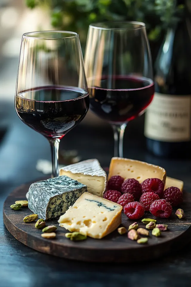 Two red wine glasses beside a rustic cheese board topped with raspberries and pistachios.