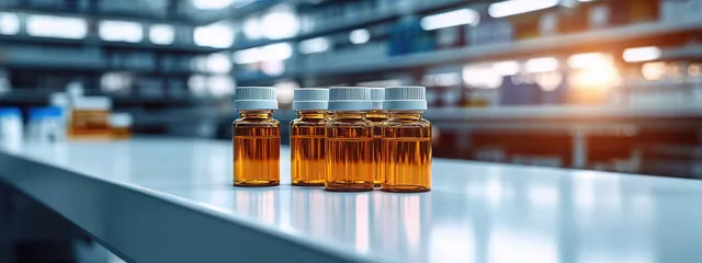 Amber vials with white caps are arranged on a laboratory bench while blurred equipment sits behind them.