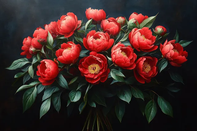 Deep red peonies arranged in dark setting, close-up view with glossy green leaves